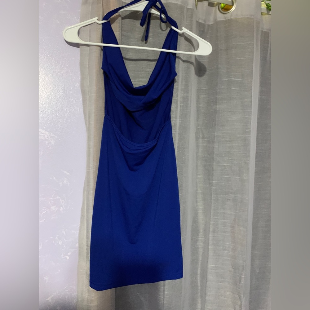 Sexy blue cowl neck mini dress